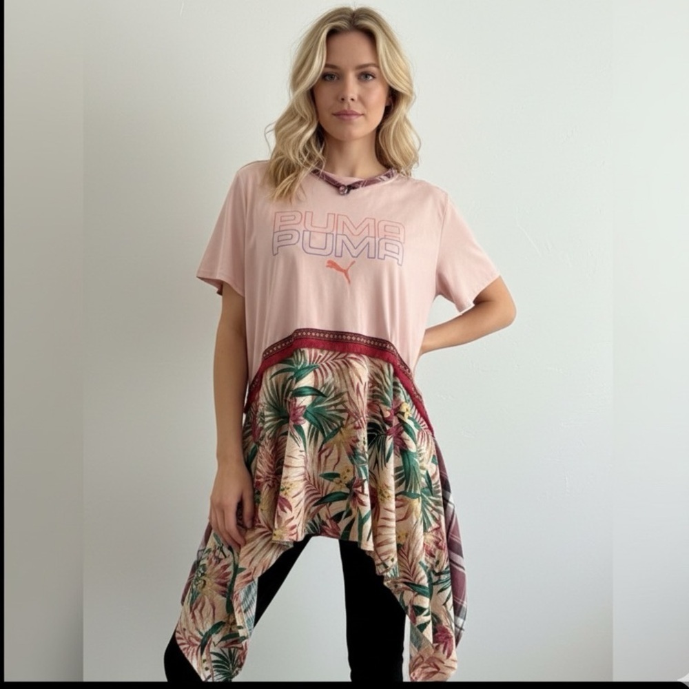 Womens Tunic Top Pink Plaid Knit Bottom Boho Mixed Media XL